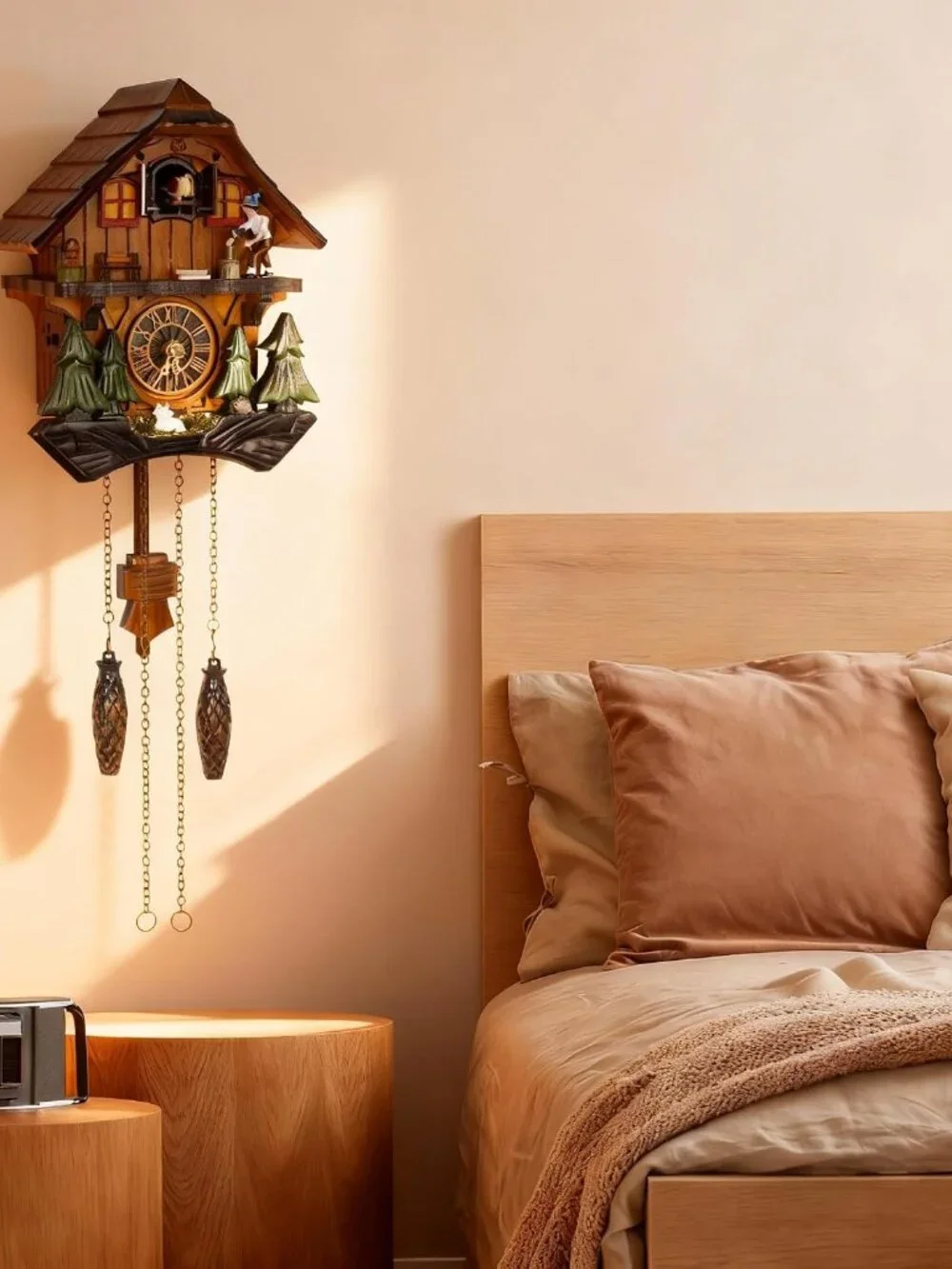 Cuckoo Clock, Black Forest Style Wooden Pendulum Quartz Wall Clock, Volume Contr